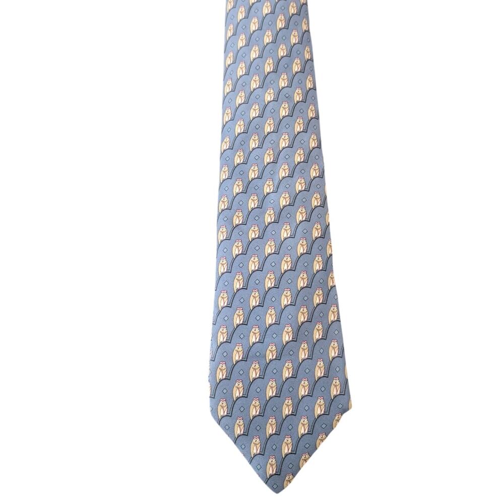Rare Vintage Hermès 100% Silk Men's Blue Tie With Multicolored Owl 7167 FA